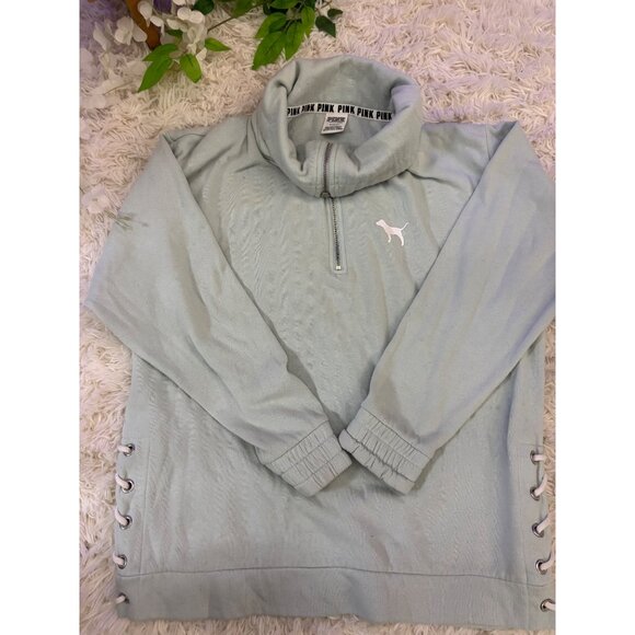 Victorias Secret Pink Quarter-Zip Pullover Sweatshirt Size S Teal - Picture 4 of 16